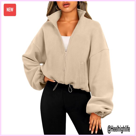 Jackets & Blazers - Oversized Fleece Jacket, Full Zip Crop Sweatshirt, Winter Warmth